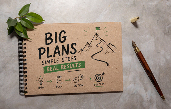 Big Plans Simple Steps Real Results Goal Achievement Concept.