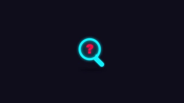 Neon blue magnifying glass icon with a red question mark inside on a dark background
