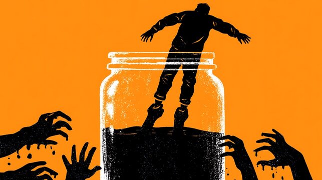 219. A psychological illustration of the Crab Mentality. A person trying to escape a tall jar of dark ink, while other hands made of the same ink are pulling them back down by the ankles. Striking 