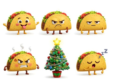 Cute 3D Cartoon Taco Mascot Characters Set with Different Facial Expressions and Decorated Christmas Tree Isolated on White Background