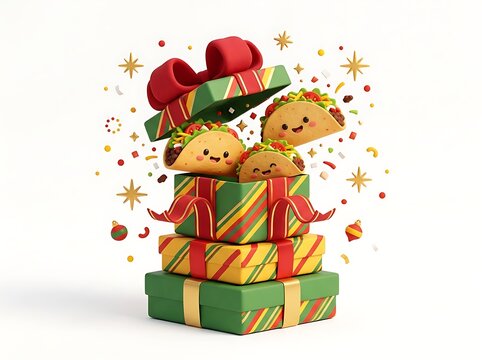 Cute Cartoon Tacos Popping Out of Stacked Christmas Gift Boxes with Confetti Sparkles and Festive Ornaments 3D Render  
