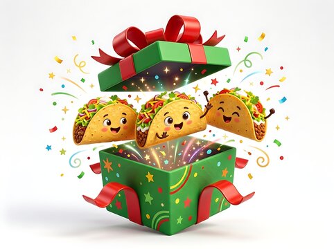 Cute Cartoon Tacos Popping Out of Open Green Christmas Gift Box with Confetti and Sparkles 3D Character Illustration
