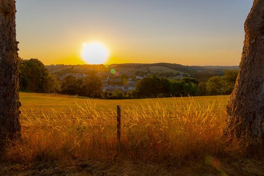 Summer landscape, The terrain hill countryside in Zuid-Limburg, Small houses on hillside in the evening during sunset, Gulpen-Wittem is a villages in Dutch province of Limburg, Gulperberg, Netherlands