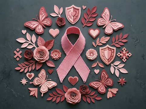 Breast Cancer Awareness Concept Flat Lay with Fabric Pink Ribbon Surrounded by Paper Cut Flowers Butterflies Hearts and Shields on Dark Background