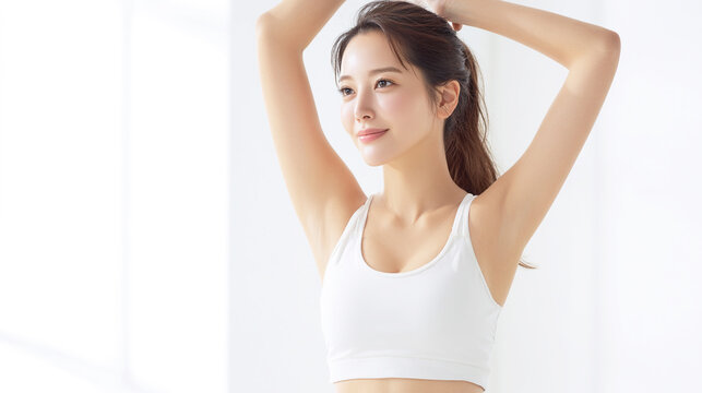 両腕を上げてストレッチするスポーツウェア姿の女性
