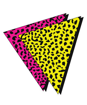 Retro 80s geometric triangles with leopard skin pattern isolated on transparent background
