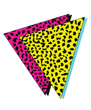 Retro 80s geometric neon triangles with cyan shadow isolated on transparent background