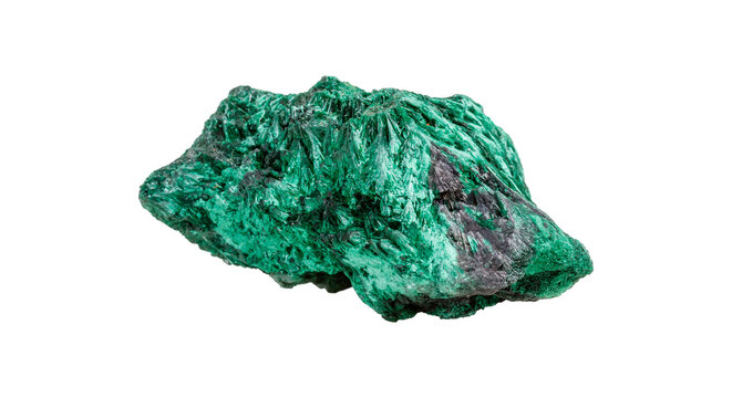 Natural malachite stone with distinctive green copper ore patterns displaying geological mineral structure and raw crystalline matrix formation on isolated backdrop