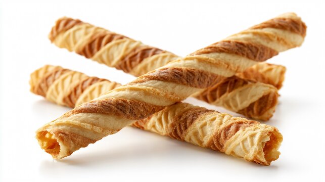 Delicious Crossed Rolled Wafer Sticks with Spiral Texture on White Background