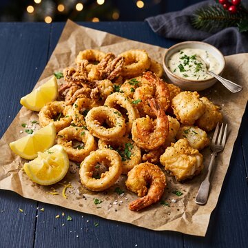 Crispy Italian Christmas Eve Fritto Misto with Calamari and Shrimp on Navy Blue Background