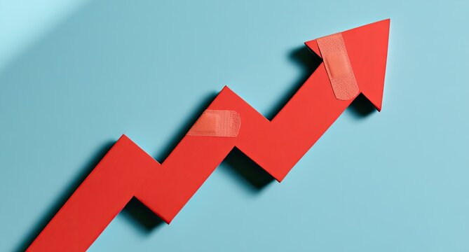 Red arrow graph, taped with bandages, trending upward against blue