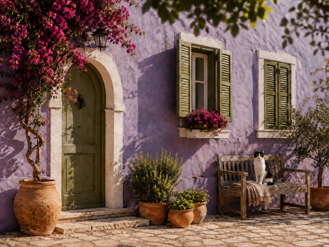 Photorealistic cat on bench outside purple cottage with shutters