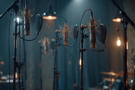 Professional studio microphones featuring pop filters stand arranged neatly in sound recording booth