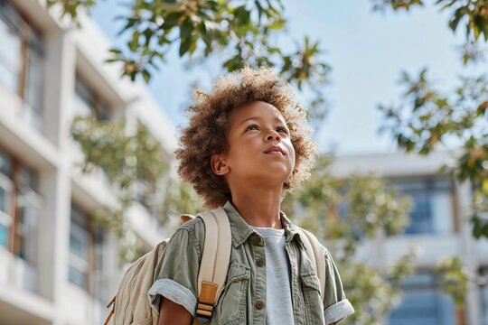 Curly hair boy looking up backpack sunny day school