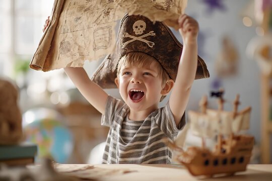 Excited little boy wearing pirate hat holding treasure map smiling joyfully next to wooden toy ship table indoors