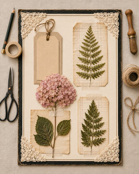 A working  botanical scrapbook with pressed flowers and craft supplies