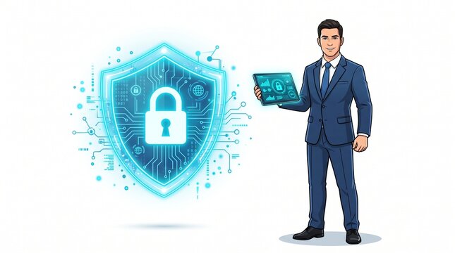 Businessman Holding Digital Tablet with Virtual Screen and Binary Code Representing Modern Technology, Internet, Communication and Digital Business Success