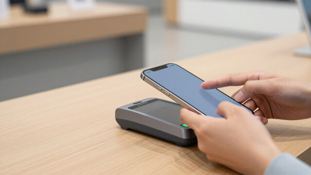 Close-up of hand paying with smartphone at modern payment terminal, contactless payment concept, Copy space on the left