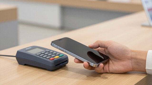 Close-up of hand paying with smartphone at modern payment terminal, contactless payment concept, Copy space on the right