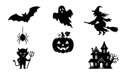 Fototapeta premium Classic Halloween Black Silhouette Icon Set with Bat Ghost Witch Spider Pumpkin and House