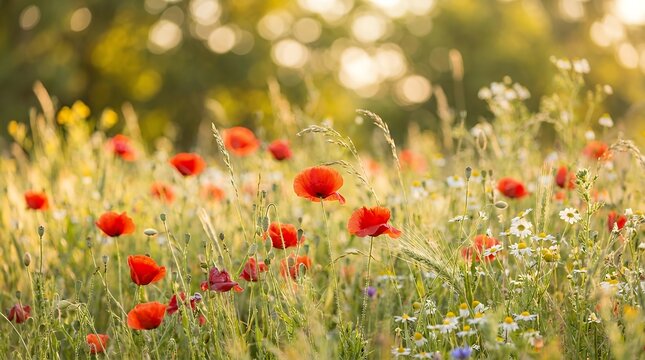 Radiant Meadow Filled with Vivid Common Poppies Gently Swaying Amid Lush Vegetation Illumined by Warm Sunlight and Soft Spherical Bokeh Background poppy flower meadow red wildflower spring summer