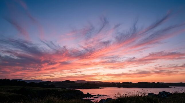 Vibrant sunset sky with pink and orange clouds over a coastal landscape
