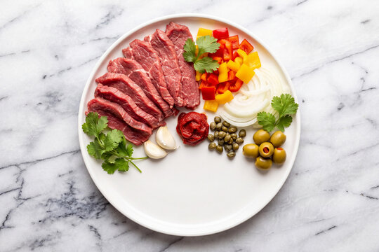 Cuban ropa vieja fresh ingredients, traditional shredded beef dish components