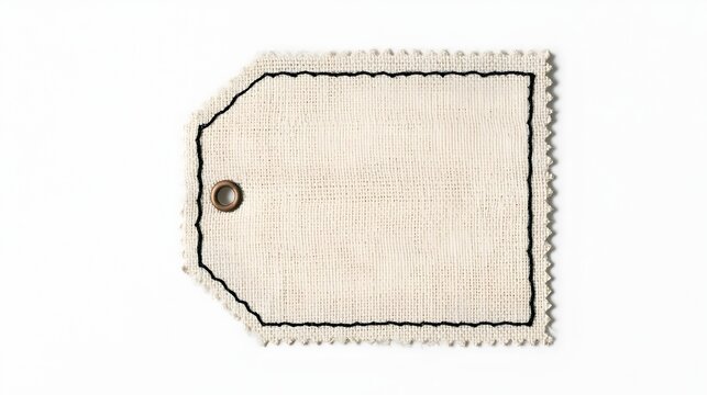 Blank rectangular linen fabric tag with black zigzag stitching around the edges on a white background background