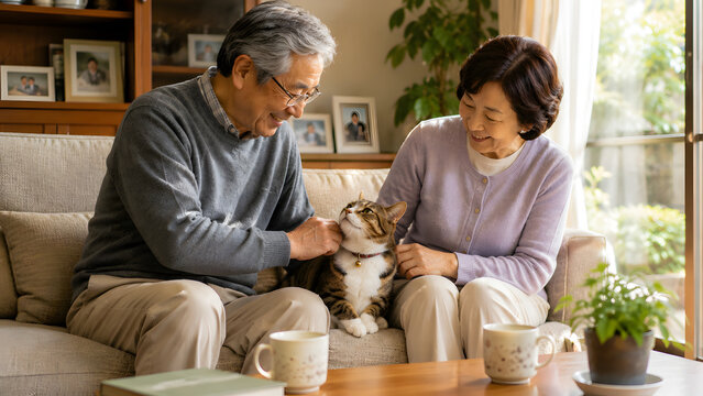 自宅のソファで愛猫を一緒に撫でる笑顔のシニア夫婦