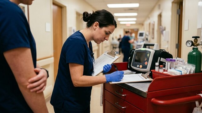 Waiting patiently as a colleague finishes verifying the final item on a crash cart checklist