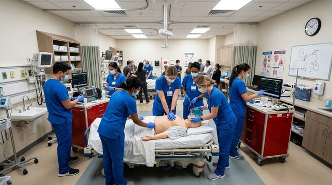 Code blue preparation drill practiced by a new nursing cohort during orientation week