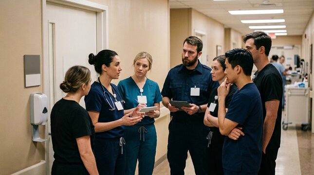 Rapid response team debriefing quietly outside the patient room after a stabilized event