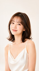 Fototapeta premium 白いキャミソールで微笑むミディアムヘアの女性、透明感のある美容ポートレート