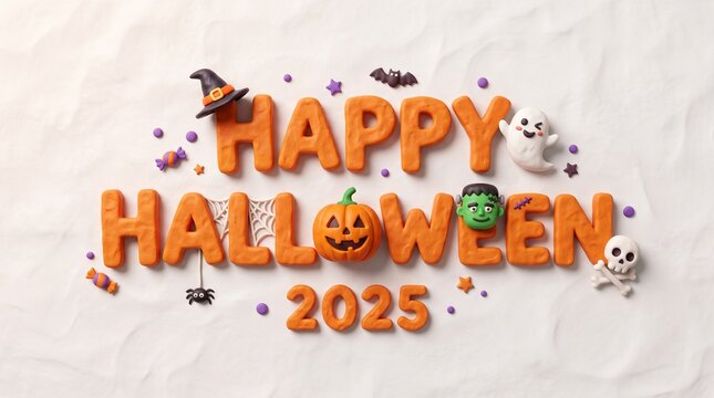 Happy halloween 2025 text made of clay with spooky characters and decorations isolated on white background