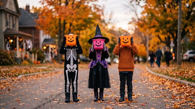 Three children in Halloween costumes holding carved pumpkins, celebrating the holiday.