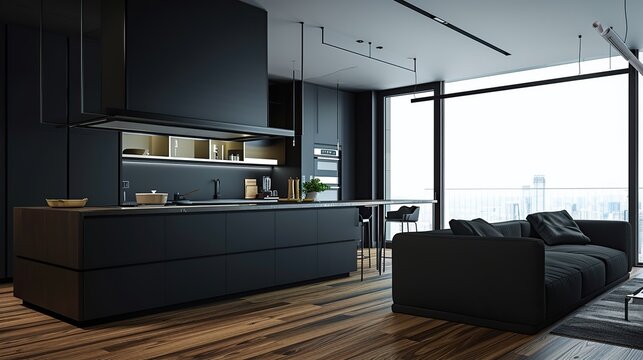 Sleek industrial-style open-plan kitchen and living room with dark cabinetry and expansive windows