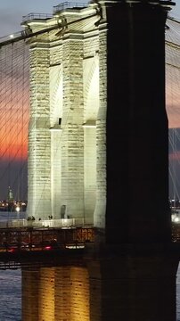 Sunset Brooklyn Bridge In Manhattan New York United States. Urban Life Landscape Of Freeway Road Connecting City Streets. Sunrise Cities Of The World. Landmark Cityscape. Manhattan New York.