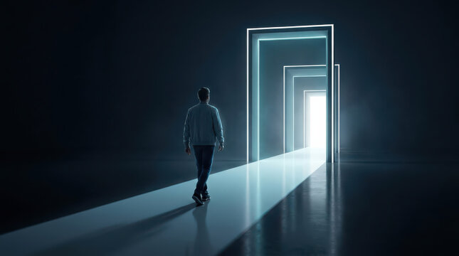 Man Walking Toward Glowing Rectangular Portal Doorway in Dark Room, Representing New Beginnings, Opportunity, Future Vision, Hope, Innovation, Discovery and Path to Success Concept Illustration