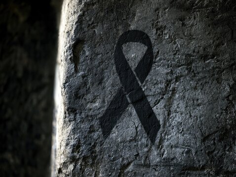 A dark ribbon stencil spray-painted on a rough, weathered stone wall