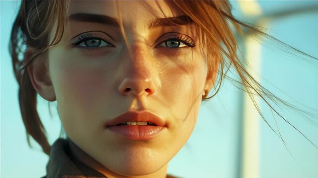 A close-up of a young woman with sunlit eyes and windblown hair, exuding a sense of tranquility and beauty.