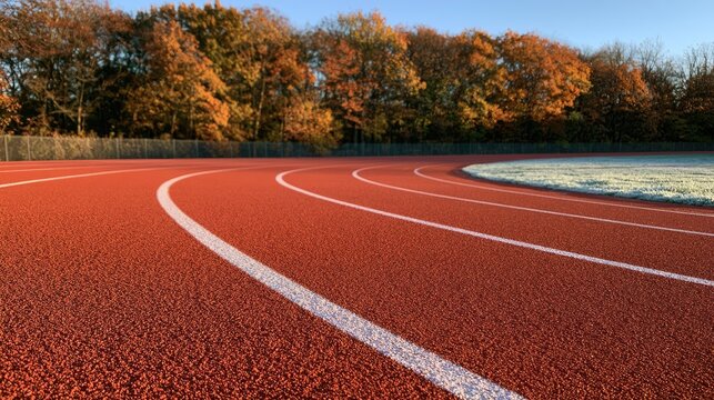 A vibrant red running track curves through an autumn landscape