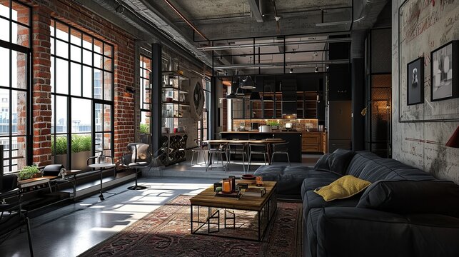 Spacious Industrial Loft Living Room and Kitchen Area with Exposed Brickwork