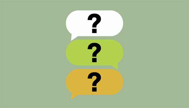 Three colorful speech bubbles with question marks arranged vertically on a soft green background.