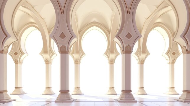 Sunlit Colonnaded Corridor with Repeating Pointed Arches and Elegant Columns in a Classical Courtyard
