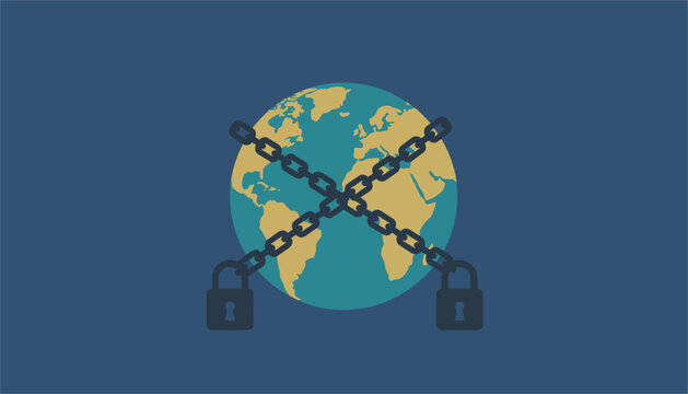 Planet Earth wrapped tightly in heavy metal chains with locked padlocks representing global security and international restrictions.