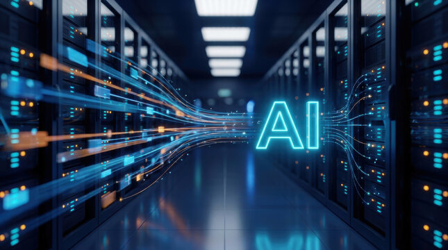 Neon AI text glowing at the end of a server aisle with blue and orange data streams rushing past the racks, showing high speed data processing