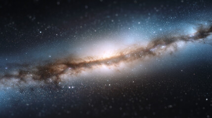 Milky Way galaxy view across outer space. Glowing cosmic core with star fields and interstellar dust band. Macro depth of field effect. © Mariia