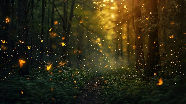 Sunlit Forest Path Bathed in Golden Hour Light with Floating Dust and Leaves