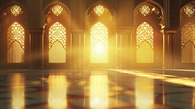 Sunlit Golden Archways and Reflective Pool Illuminate a Majestic Hall with Ornate Windows