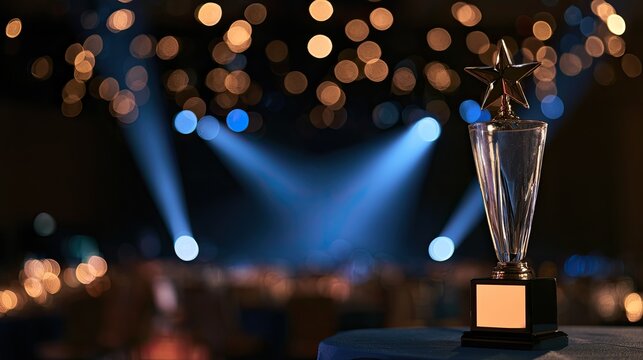 A gleaming trophy with a star atop sits center stage, spotlighted